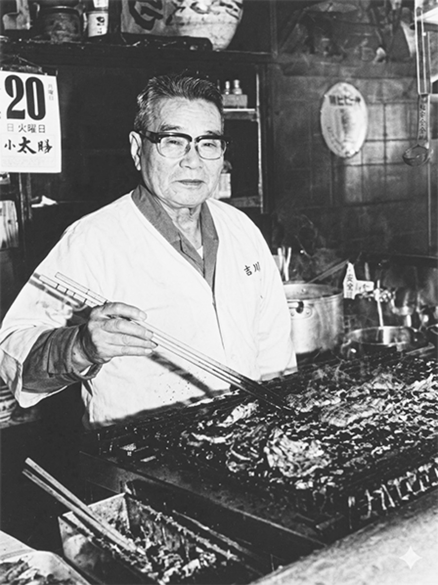焼き台の前で長い金箸を手にする牛たん焼き考案者・佐野啓四郎氏の白黒写真
